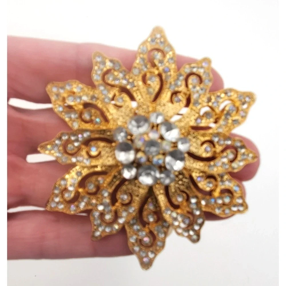 Vintage Sunburst Starburst Rhinestone Brooch AB Crystal Gold Tone 2.25